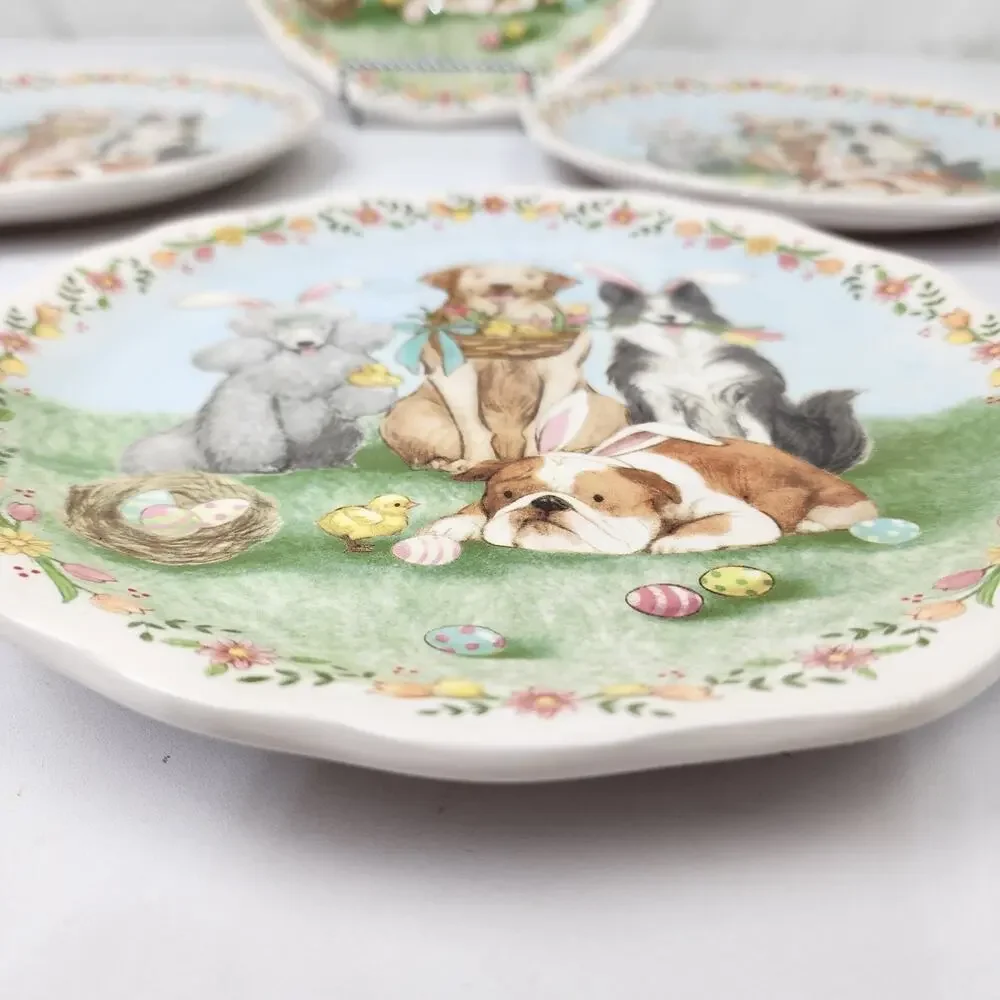 Pier 1 Imports Ironstone Set of 4 Easter Parade Bunny Ear Dogs Plate 8.7